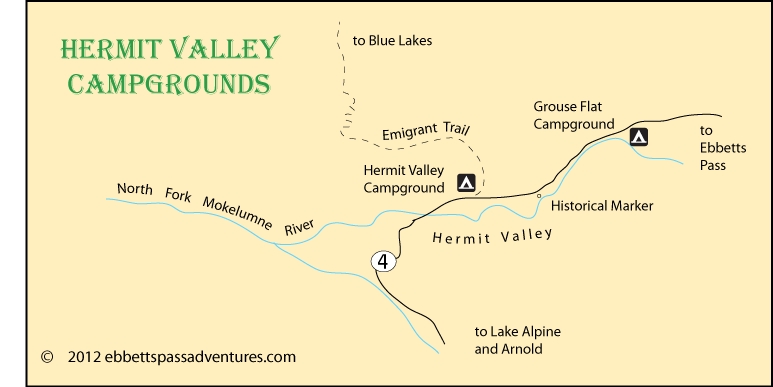 map of campgrounds in Hermit Valley, Alpine County, CA