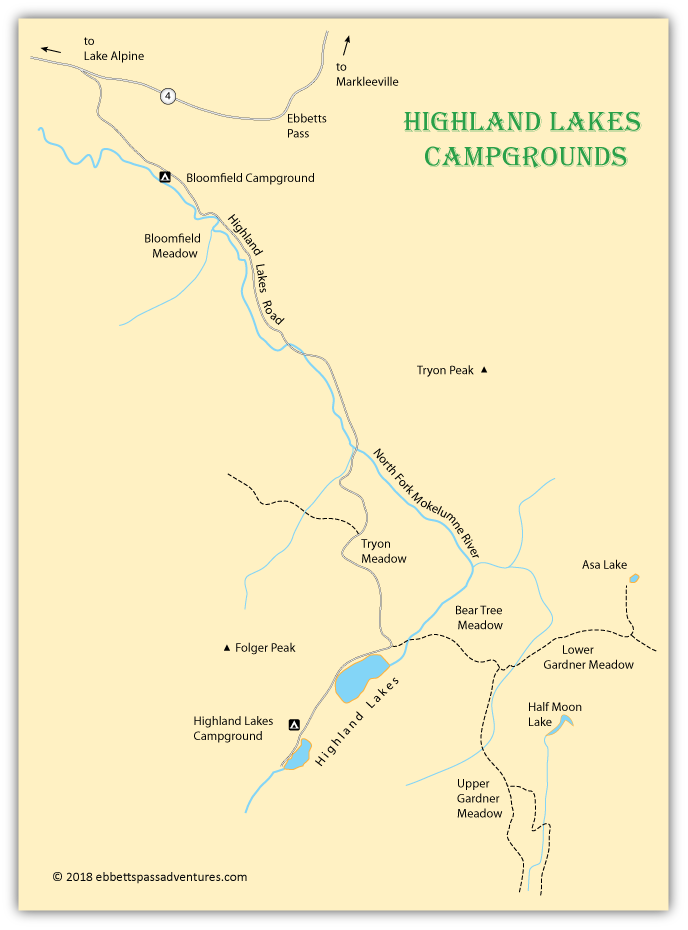 map of campgrounds around Highland Lakes, Alpine county, California