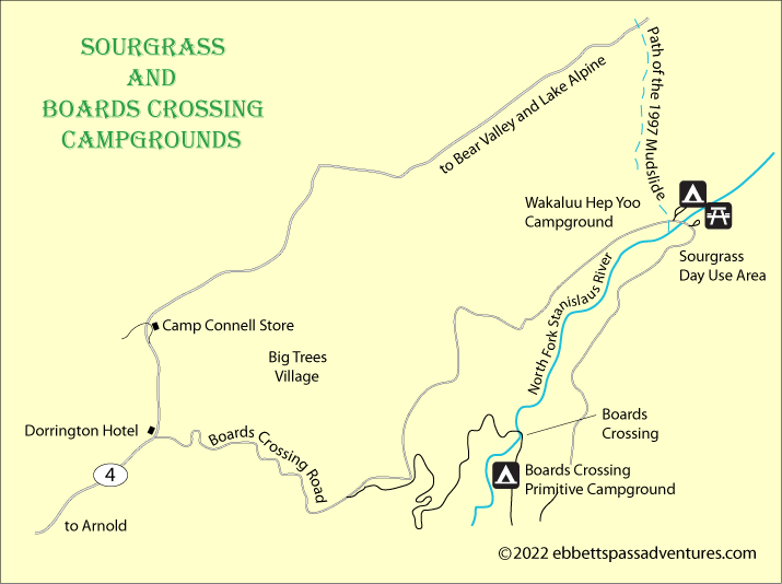 map of campgrounds at Sourgrass and Boards Crossing, Calaveras County, CA