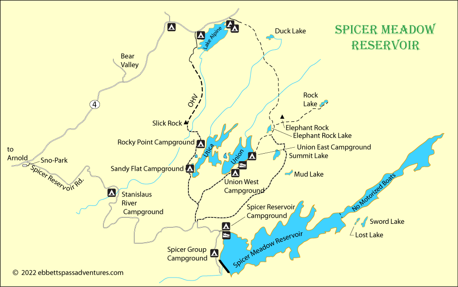 map of Spicer Meadow Reservoir, Stanisalus National Forest, CA